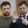 A split image. On the left, a serious-looking Volodymyr Zelenskyy in a suit, with a slightly concerned expression. On the right, a frustrated Volodymyr Kuleba, also in a suit, with a dismissive gesture (hand waving). The background should be a blurred office setting.