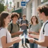 A bustling city street in Russia during the summer, with people happily receiving consumer credit applications at a bank. The scene should convey a sense of economic growth and optimism. Focus on a diverse group of people, showing smiles and positive expressions. Include elements like modern architecture, bright sunlight, and perhaps a few iconic Russian landmarks subtly in the background.