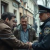 A dramatic scene of a jealous man in a small Russian city being arrested by police, with tense atmosphere, realistic clothing and setting, no text or letters visible