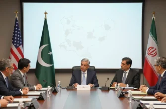 A diplomatic scene set in Pakistan showing a modern conference hall with representatives from the United States and Iran seated at a round table, the Pakistani flag prominently displayed in the background, and a subtle map outline of Pakistan on a screen behind them, conveying a neutral, hopeful atmosphere of negotiation