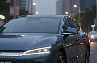 A modern, sleek car parked on a city street at dusk. The car is a dark blue sedan with sharp lines and LED headlights. The background shows blurred city buildings and streetlights.