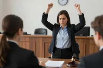 A courtroom scene showing a teacher standing confidently while a child or parent looks upset, with a judge's gavel and legal documents visible, conveying a sense of legal victory and tension