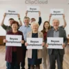 A diverse group of students from Ulyanovsk, Russia, are celebrating their continued pension supplement. They are standing in a brightly lit university hall, smiling and holding up signs with messages of gratitude. The scene conveys a sense of hope and financial security.