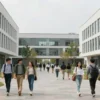 A modern university campus with students walking between buildings, a central library, and green spaces. The scene should convey a sense of innovation and progress. Focus on architectural details and the energy of student life.
