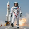 A one-legged Paralympian in a full space suit standing on a launch pad, with a rocket behind, looking determined, with a flag in the background.
