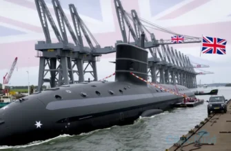 A British nuclear submarine being towed away from a naval dockyard, with empty shipyard cranes and a fading Union Jack flag in the background, symbolizing the end of the UK's nuclear submarine fleet