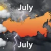 A vibrant illustration depicting a weather forecast for Russia in July. The scene should show a mix of elements: a stormy sky with dark clouds, lightning, and rain; a sun peeking through the clouds, suggesting heat; hail falling; and a thermometer indicating high temperatures. The overall mood should be dramatic and foreboding, but also visually appealing.