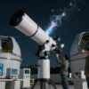 Astronomers in a modern observatory, looking at a large telescope pointing toward a starry sky, with a glowing, abstract representation of rare cosmic signals emanating from the telescope, surrounded by scientific instruments and data displays