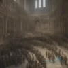 A group of soldiers in military uniforms praying inside a grand, ornate cathedral. The cathedral should have a mix of modern and traditional architectural elements, with large windows allowing natural light to stream in. Focus on the solemn expressions of the soldiers and the peaceful atmosphere of the space.