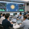 A modern, brightly lit command center with large monitors displaying weather data and energy consumption graphs. People in professional attire are working collaboratively around a large table, reviewing information. The overall atmosphere is focused and efficient.