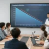 A diverse group of people gathered in a modern conference room, some with closed mouths and minimal speech bubbles, while a scientist in a lab coat observes a large digital chart showing a downward trend in spoken words. The scene conveys the idea that people are speaking less, with subtle visual cues like muted microphones and quiet expressions.