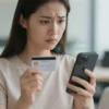 A woman in her late 30s with a concerned expression, holding a SIM card and looking at a smartphone displaying a suspicious transaction. The background is blurred, suggesting a modern office environment.