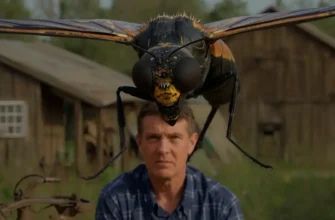 A highly detailed, photorealistic image depicting a large, menacing fly-like insect with exaggerated features (large eyes, sharp mandibles) hovering near a distressed-looking person in a rural American setting. The background should include weathered farm buildings and overgrown vegetation, suggesting a sense of decay and neglect. Focus on the insect's unsettling presence and the person's fear.
