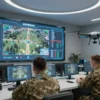 A futuristic Ukrainian military command center with AI interfaces displaying real-time battlefield data, soldiers monitoring holographic maps, and advanced drone systems in the background, symbolizing reduced dependence on Western military technology