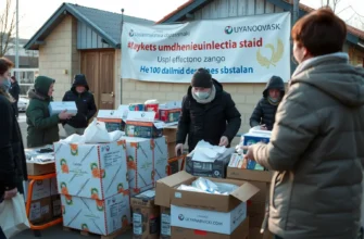 A humanitarian aid collection point in Ulyanovsk, with volunteers organizing boxes of food, clothing, and medical supplies, people handing over donations, and a banner with a subtle symbol of solidarity, soft daylight, realistic atmosphere