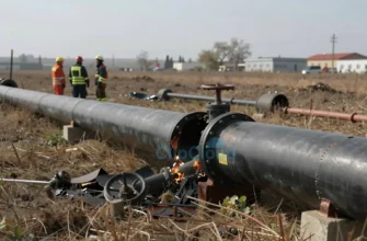 A wide shot of a damaged gas pipeline in a rural landscape in Dagestan, Russia. Emergency services personnel are visible in the distance, assessing the damage. The pipeline is partially ruptured, with visible signs of explosion. The surrounding environment includes dry vegetation and possibly some buildings in the far background. Focus on the damage to the pipeline and the emergency response scene.