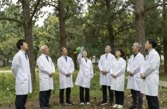 A natural outdoor setting with a group of scientists in lab coats standing in a forest clearing, releasing a swarm of small insects into the air for a sterilization experiment. The scene shows trees, grass, and a clear sky, with the insects depicted as tiny flying creatures. The atmosphere is scientific and calm.