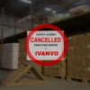 A photo-realistic image depicting a warehouse with stacks of raw materials, possibly grain or agricultural products, with a notice or sign indicating the cancellation of documents. The warehouse should be located in Ivanovo, Russia.