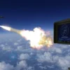 A photorealistic image depicting a Russian air defense system engaging Ukrainian missiles over Sevastopol. The scene should show the missile trajectory, explosions, and the air defense system's radar screen. Include military aircraft and ships in the background.