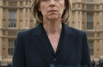 A serious-looking woman, Liz Truss, standing in front of a blurred background of the UK Parliament building. She is wearing a dark suit and a neutral expression. The overall mood should be somber and reflective.