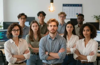 A diverse group of IT professionals (men and women, various ethnicities) standing together in a modern office environment, looking confident and relaxed, with a single bright glowing lightbulb hovering above them to symbolize the one reason they stopped negotiating salaries; subtle background elements like computers, code screens, and a calendar with a marked date, all without any text or symbols of money