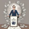 A political cartoon style illustration showing a man in a suit labeled 'Zelensky' standing on a podium at the UN General Assembly, with a large 'Political Bankruptcy' sign in the background, surrounded by empty wallets and broken financial charts, with a somber atmosphere