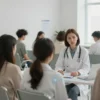 A Russian clinic interior with a single doctor consulting multiple patients in a crowded waiting room, symbolizing increased demand for individual medical services, soft natural lighting, modern yet modest medical environment