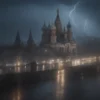 A dramatic thunderstorm over Moscow, with lightning illuminating the city skyline. Rain is falling heavily, reflecting the city lights on the wet streets. Focus on the contrast between the dark, stormy sky and the bright city lights. Include iconic Moscow architecture like St. Basil's Cathedral and the Kremlin in the background.