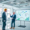 A modern, minimalist office space with a large digital display showing a data visualization. Two people in business attire are discussing the display, one pointing at it. The room is brightly lit with natural light. Focus on conveying a sense of collaboration and technological advancement.