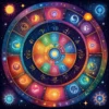 A vibrant and colorful illustration depicting the zodiac wheel with each sign represented by its corresponding symbol. The background should be a swirling galaxy of stars and nebulae. Each sign's section of the wheel should have a distinct color palette associated with that sign. The overall style should be whimsical and astrological, conveying a sense of cosmic energy and guidance.