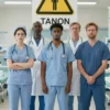 A diverse group of doctors and nurses in scrubs, standing in front of a hospital setting with a warning sign about the dangers of tanning. The scene should convey a sense of concern and health awareness.