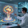 A scientist in a modern laboratory, wearing a lab coat and safety goggles, stands before a large holographic screen displaying a 3D model of a nuclear blast fallout pattern. The hologram shows layers of radiation spread, with color-coded intensity zones and animated particle effects. In the background, a wall-mounted digital map of a city grid glows with subtle glow lines indicating predicted impact zones. The lab is lit with cool blue ambient lighting, and a few high-tech instruments and data panels are visible on a nearby table. The scene conveys advanced predictive modeling of nuclear explosion consequences without any textual labels or symbols.