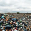 A wide shot depicting a landfill overflowing with garbage in a rural landscape of the south of the Ulyanovsk region. Include piles of plastic, discarded appliances, and other waste. The sky should be overcast and grey, suggesting a bleak and polluted environment. In the distance, show sparse vegetation struggling to grow near the landfill's edge. Focus on the scale of the waste and its impact on the environment.