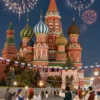 A vibrant and colorful illustration depicting a festive scene in Moscow on Russia Day. Include iconic landmarks like the Kremlin and Red Square, decorated with Russian flags and festive banners. People in traditional Russian clothing are celebrating, with fireworks illuminating the night sky. The overall mood should be joyful and patriotic.