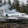 A small private aircraft crashed in a forested area in Russia, with smoke rising from the wreckage and scattered debris on the ground, under overcast skies, no people visible