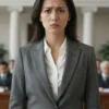 A woman with a concerned expression, standing in front of a blurred background suggesting a formal setting like an office or government building. She is wearing a business suit. The overall tone should be serious and news-related.
