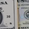A close-up photograph of a new US dollar bill and an older US dollar bill side-by-side, showcasing the differences in design and printing. The new bill should be crisp and modern, while the old bill should show signs of wear and tear. Focus on the details of the currency, such as the portrait, security features, and serial numbers.