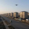 A calm morning scene in Volgograd Oblast with empty roads, quiet residential areas, and no drones or unmanned vehicles visible, symbolizing the lifting of the unmanned danger mode