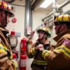 Firefighters inspecting fire safety systems in a building, including fire extinguishers, alarms, and sprinklers. Show detailed equipment and safety checks in progress.