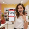 A young woman from Yaroslavl holding a smartphone showing a shopping app with a price tag displaying a very low price, surrounded by discounted luxury items like a designer bag and watch, bright modern store interior, cheerful expression, vibrant colors