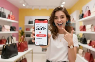 A young woman from Yaroslavl holding a smartphone showing a shopping app with a price tag displaying a very low price, surrounded by discounted luxury items like a designer bag and watch, bright modern store interior, cheerful expression, vibrant colors