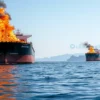 A dramatic scene of two burning oil tankers in the Ormuz Strait, with flames and smoke rising from their decks, surrounded by calm sea waters and distant rocky cliffs under a clear sky