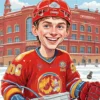 A humorous cartoon illustration of a forward named Evgeny Kuznetsov joking about the Chelyabinsk academy "Krasnaya", featuring a cheerful young male hockey player in a red and gold uniform holding a microphone, with a backdrop of a sports academy building and playful speech bubbles