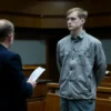A Russian man being sentenced in a courtroom in the Perm region, wearing a simple jacket, standing before a judge, with legal documents and a wooden bench in the background, dim courtroom lighting, serious atmosphere