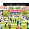 A vibrant and bustling scene of a university campus in Volgograd, with students and faculty members walking around, discussing, and engaging in various activities. The campus should be depicted with modern buildings, green spaces, and a lively atmosphere. In the background, there should be a large banner or sign indicating the record number of applications received by the universities.