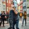 An American man biting a police officer in Copenhagen, Denmark, during a daytime street incident, with the officer in a standard Danish police uniform (dark blue with insignia), the man wearing casual Western clothing (jeans and a t-shirt), both on a cobblestone street near a typical Copenhagen building with colorful facades, bystanders reacting in shock, urban European setting, realistic details, no text or symbols visible