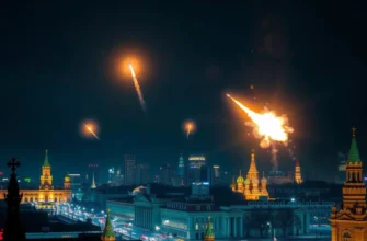A nighttime scene depicting the defense of Moscow against an aerial drone attack. The image should show anti-aircraft defense systems in action, with missiles or projectiles being launched into the sky to intercept and destroy the drones. The scene should include the glow of explosions in the sky as the drones are being shot down. The cityscape of Moscow should be visible in the background, with buildings and skyscrapers illuminated by city lights. The overall atmosphere should convey a sense of