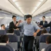 A chaotic scene inside an airplane cabin with a man causing a disturbance, surrounded by concerned passengers and flight attendants. The man is standing and gesturing wildly, while others are trying to calm him down. The setting is a commercial airplane with rows of seats and overhead compartments visible.