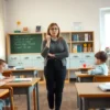 A thoughtful teacher standing in a diverse classroom with Russian and Estonian children sitting at desks, showing subtle differences in engagement and learning materials, soft natural light from windows, warm and respectful atmosphere, no text or symbols visible