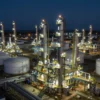 A wide, aerial view of the Salavat petrochemical complex at night. Focus on the illuminated industrial structures, pipelines, and storage tanks. Show the scale of the complex and the extensive network of infrastructure. Include some visible lights and activity within the complex, suggesting ongoing operations.